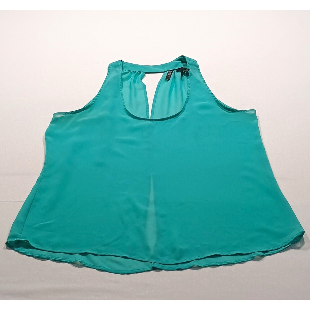 BISOU BISOU Women's Teal Chiffon Split Back Tank Top Cut-Out Round Neck Size L